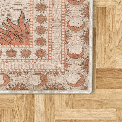 Ambesonne Sun and Moon Decorative Rug, Bohemian Artwork Design of Crescent Solar Ornament Esoteric Stars Ornaments, Quality Carpet for Bedroom Dorm and Living Room, 4' X 5' 5", Burnt Sienna