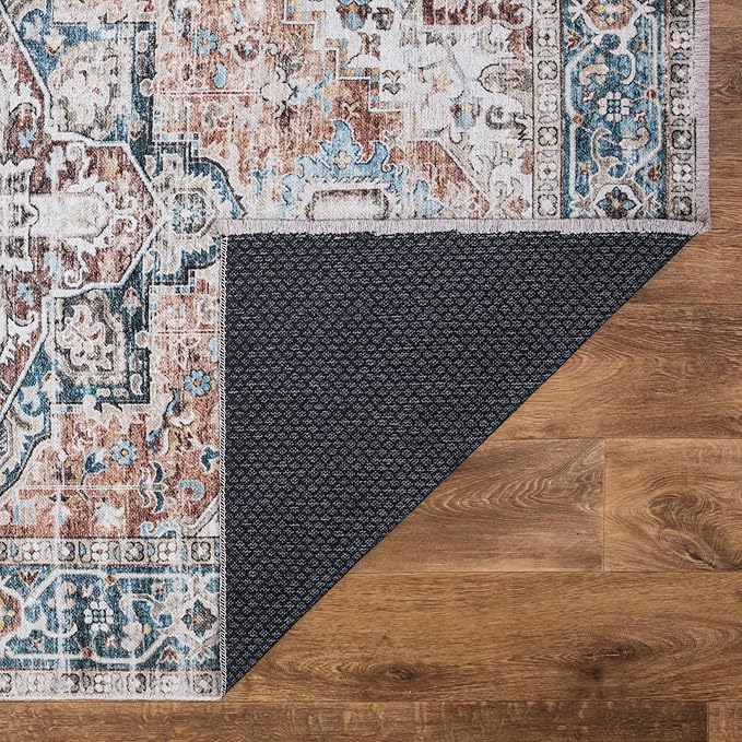 Bloom Rugs Caria Washable Non-Slip 3x5 Rug - Terracotta/Blue Traditional Area Rug for Living Room, Bedroom, Dining Room, and Kitchen - Exact Size: 3' x 5'