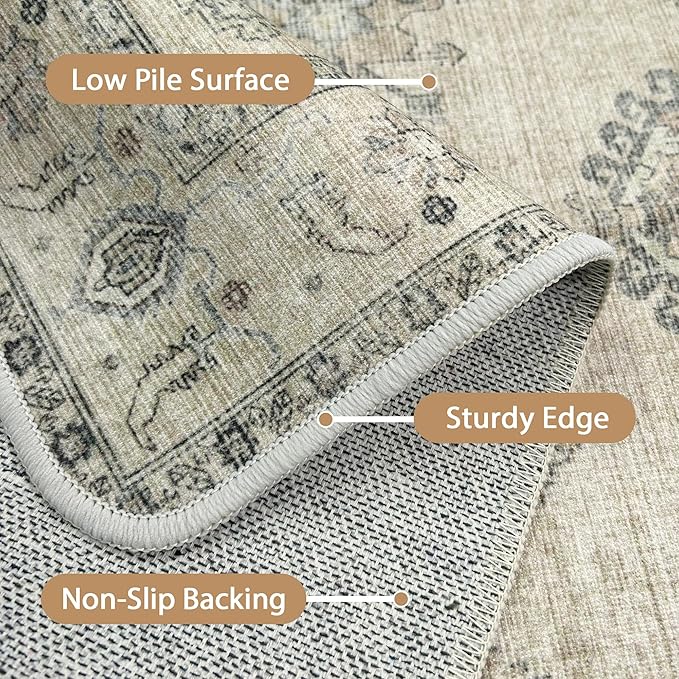 GENIMO 5x7 Area Rugs for Living Room, Machine Washable Non Slip Vintage Retro Rugs, Low Pile Lightweight Chenille Print Rug for Bedroom, Dining Room, Home Office, Sage