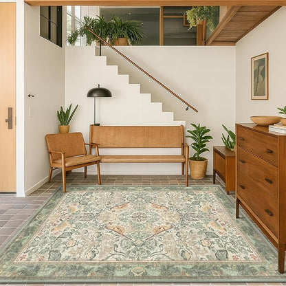 Washable 4x6 Entryway Rug, Sage Green Area Rugs for Living Room, Bedroom, Large Kitchen, Office, Boho Botanical Decor, Non-Slip Low Pile Ultra Soft Carpet