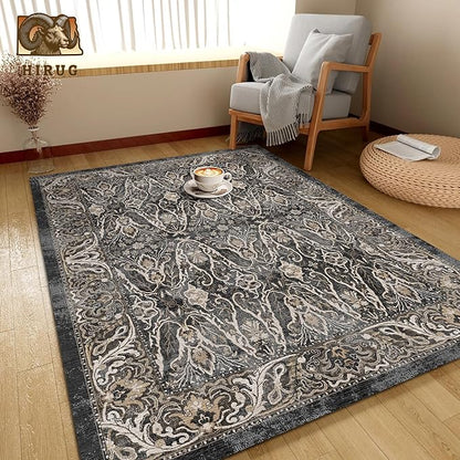 Washable Area Rug 5' x 7' Vintage Traditional Persian Mat - Foldable Distressed Non-Slip Machine Washable Carpet for Living Room Bedroom Kitchen Home Decor - Ebony and Taupe