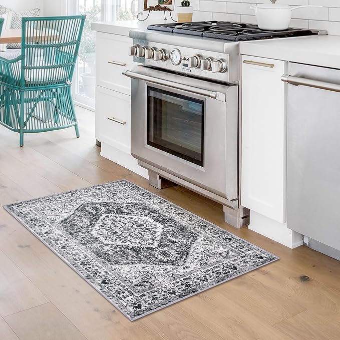 KOZYFLY Small Area Rug 2x3 Ft Rugs for Entryway Washable Entry Rug Non Slip Door Mat Indoor Entrance Printed Faux Wool Vintage Kitchen Rug Throw Rugs for Entrance Kitchen, Grey