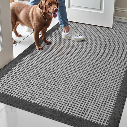 LUMI Inside Door Mat for Entry 36''x59'', Absorbent, Dirt Trapper, Low Profile Thin, Non Slip Mats with Rubber Backing, Ideal for Indoor, High Traffic, Garage, Entrance, Checkered Grey