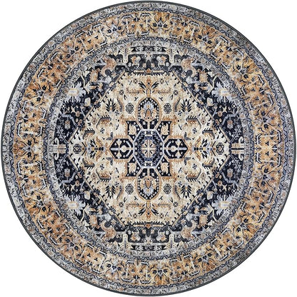 KOZYFLY Round Rug, 6 Ft, Washable, Non Slip, Living Room, Dining Room, Gold Navy