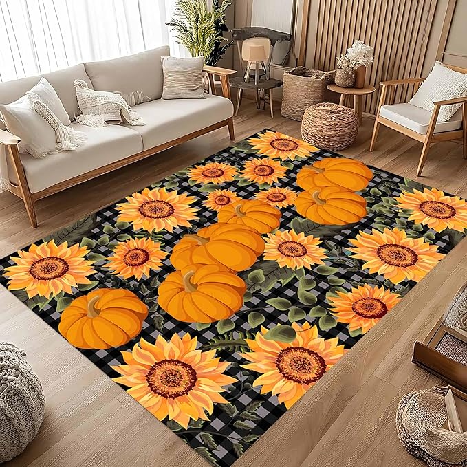 Autumn Style Area Carpet, 6x8ft, Checkered with Sunflower and Pumpkin Fall Harvest Large Flower Rug, Fluffy Short Pile Rubber Backed Farmhouse Door Mat for Study Room Front Door