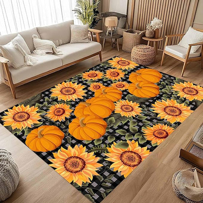 Autumn Style Area Carpet, 5x7ft, Checkered with Sunflower and Pumpkin Fall Harvest Large Flower Rug, Fluffy Short Pile Rubber Backed Farmhouse Door Mat for Study Room Front Door