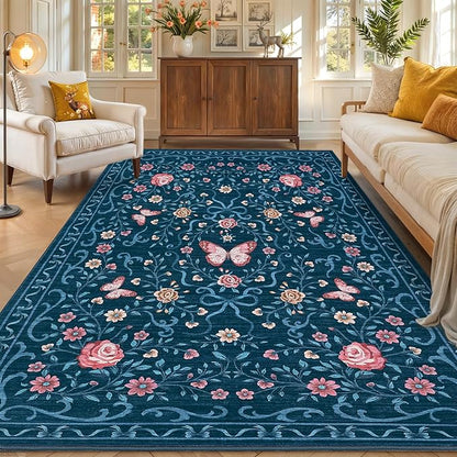 GarveeHome 8x10 Area Rugs for Living Room Washable Rugs Non Slip Stain Resistant Bedroom Floral Rugs Low Pile Soft Dining Room Throw Carpet Blue Bow Large Carpet for Home Office Decor, 8x10