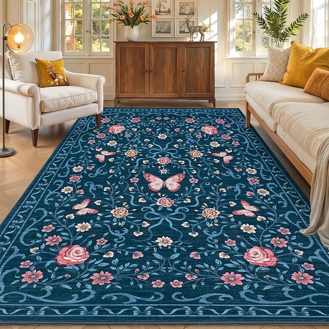 GarveeHome Floral Area Rug 4x6 Entryway Rug Low Pile Bedroom Blue Bow Rugs Non Slip Stain Resistant Dining Room Throw Carpet Small Living Room Butterfly Rugs Soft Boho Mats for Kitchen Nursery, 4x6