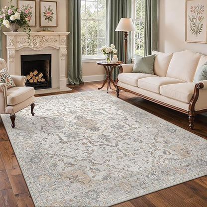 GENIMO 6x9 Area Rugs for Living Room, Machine Washable Non Slip Vintage Rugs, Low Pile Lightweight Chenille Print Rug for Bedroom, Dining Room, Home Office