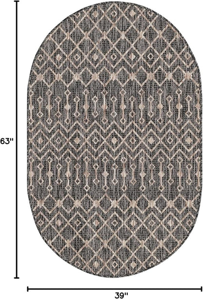 Unique Loom Outdoor Trellis Collection Area Rug - Tribal Trellis (3' 3" x 5' 3" Oval, Charcoal Gray/ Natural)