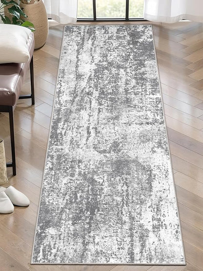 Ciicool 2x6 Washable Runner Rug, Modern Abstract Hallway Rugs Runner, Non-Slip Thin Accent Rug Lightweight Grey White Print Distressed Carpet for Laundry Entryway Bedroom Kitchen Bathroom Indoor