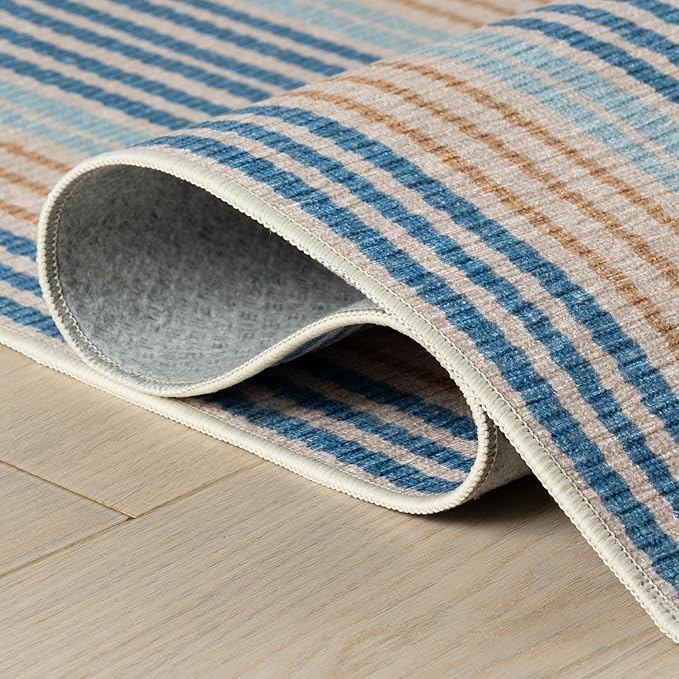 Dash & Albert Tyne Blue Machine Washable Rug, 9.5 X 13.5 Feet, Blue/Tan Stripe Pattern