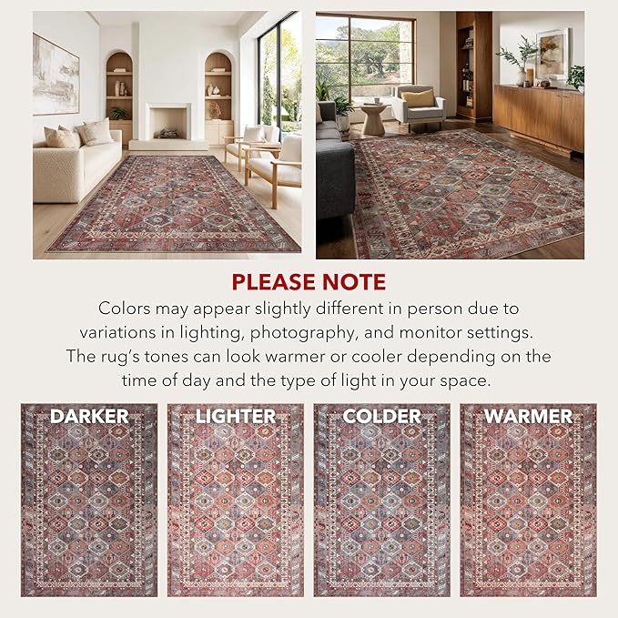 Kuden 4x6 Area Rug, Machine Washable Area Rug with Non-Slip Backing, Vintage Style, Soft, Easy Clean, Low Pile Rug for Living Room, Bedroom, Dining Room