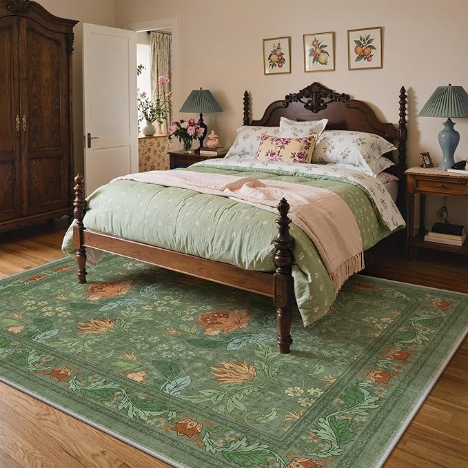 Bavni 8x10 Area Rugs for Living Room, Microfiber Machine Washable Non-Slip Vintage Floral Rug, Low Pile Lightweight Carpet for Bedroom, Dining Room, Home Office, Bean Green