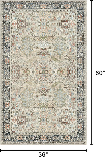Bavni Area Rug 3x5, Non-Slip Washable Rugs for Living Room Office, Boho Distressed Printed Rug, Low Pile Foldable Decorative Carpet for Bedroom Kitchen Office, Ivory/Teal