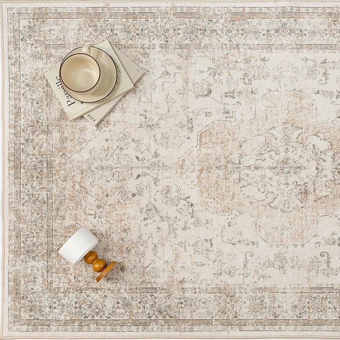 8x10 Washable Area Rug Beige Vintage Distressed Large Rug for Living Room Oriental Soft Thin Indoor Retro Carpet Non Slip Low Pile Floor Cover for Bedroom Dining Room Office Nursery