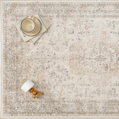 8x10 Washable Area Rug Beige Vintage Distressed Large Rug for Living Room Oriental Soft Thin Indoor Retro Carpet Non Slip Low Pile Floor Cover for Bedroom Dining Room Office Nursery