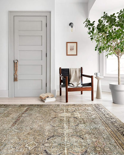 Loloi Layla Collection LAY-03 Olive/Charcoal 2'-6" x 12'-0" .13" Thick Runner Rug, Soft, Durable, Vintage Inspired, Distressed, Low Pile, Non-Shedding, Easy Clean, Printed, Living Room Rug