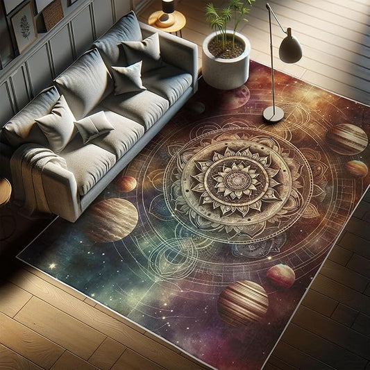 Ambesonne Galaxy Decorative Rug, Dreamy Art of Starry Outer Space with Planets Featuring Oriental Mandala, Quality Carpet for Bedroom Dorm and Living Room, 2' 5" x 5', Pale Camel Dried Rose