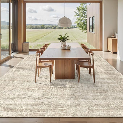 10x14 Area Rugs for Living Room, Non Slip Machine Washable Vintage Rugs, Low Pile Lightweight Large Rug for Bedroom, Dining Room, Home Office Beige
