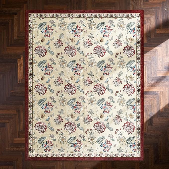 jinchan Elora 8x10 Floral Rug for Living Room Washable Bedroom Rug Vintage Romance Design Non Slip Thin Indoor Floor Cover Large Low-Profile Throw Carpet for Dining Room Office, Red/Beige