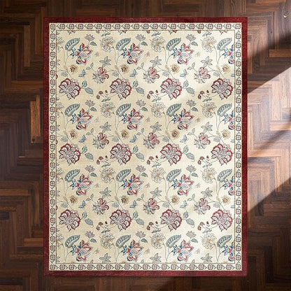 jinchan Elora 8x10 Floral Rug for Living Room Washable Bedroom Rug Vintage Romance Design Non Slip Thin Indoor Floor Cover Large Low-Profile Throw Carpet for Dining Room Office, Red/Beige