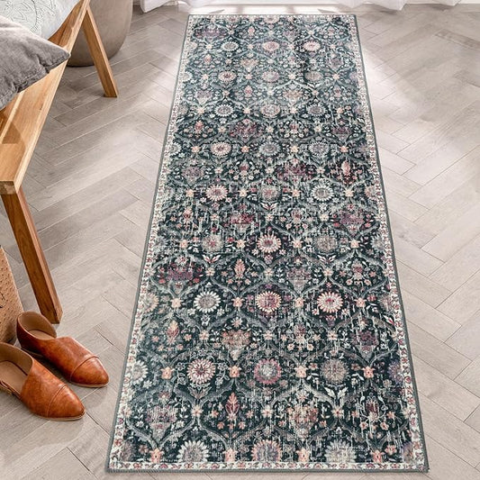 Lahome Moroccan Trellis Washable Runner Rug, 2x6 Kitchen Runners for Hallways 6 Feet Non Slip, Vintage Laundry Room Rug Ultra-Thin Long Carpet for Bathroom Bedroom Entryway, Black/Multi