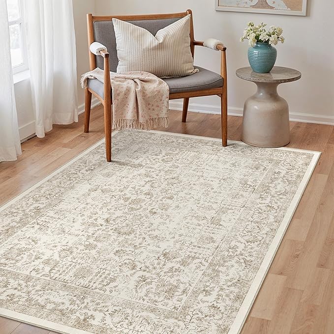 Light Brown Area Rug 3x4 Office Entryway Rug Machine Washable Kitchen Vintage Distressed Non Slip Carpet Indoor Retro Floral Accent Throw Door Mat for Bathroom Bedroom Dining Living Room