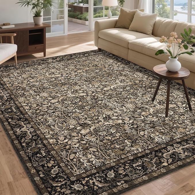Washable Living Room Rug: 8x10 Boho Floral Soft Area Rug for Bedroom Decor - Vintage Low Pile Thin Carpet for Dining Room Non-Slip - Farmhouse Stain Resistant Rugs - Dark Brown