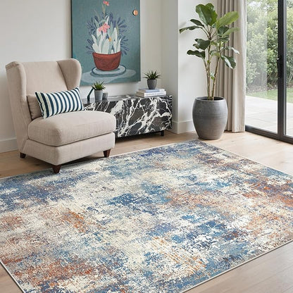 5x7 Area Rugs Washable Blue Rug for Living Room Bedroom, Abstract Modern Large Rug Non Slip, Water Repellent Low Pile Soft Carpet for Dining Room, Blue Rust