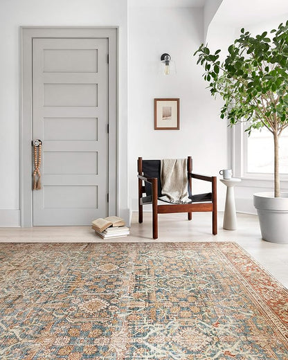 Loloi Layla Collection LAY-04 Ocean/Rust 7'-6" x 9'-6" .13" Thick Area Rug, Soft, Durable, Vintage Inspired, Distressed, Low Pile, Non-Shedding, Easy Clean, Printed, Living Room Rug