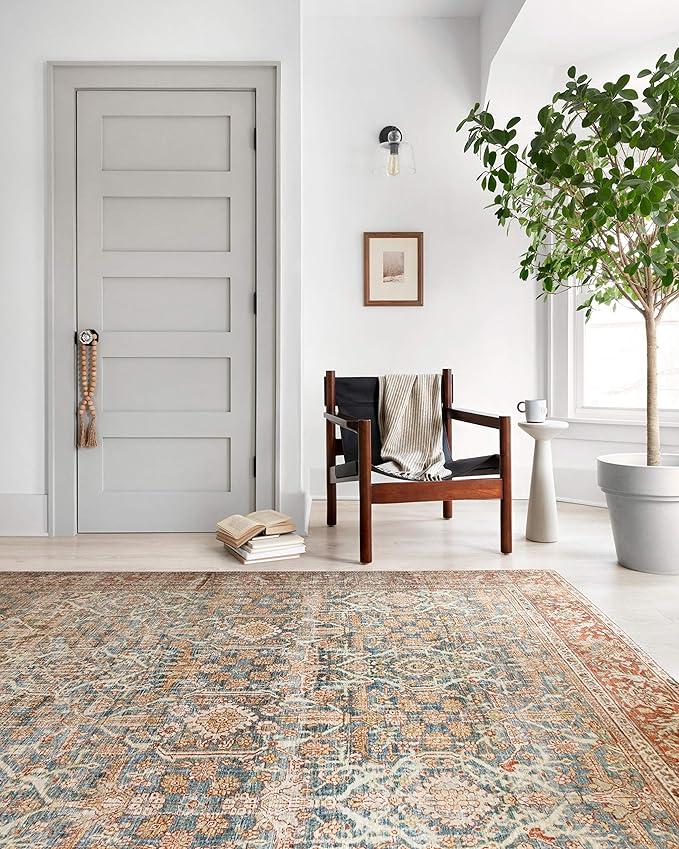 Loloi Layla Collection LAY-04 Ocean/Rust 5'-0" x 7'-6" .13" Thick Area Rug, Soft, Durable, Vintage Inspired, Distressed, Low Pile, Non-Shedding, Easy Clean, Printed, Living Room Rug