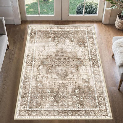 3x5 Area Rugs for Living Room, Machine Washable Non Slip Vintage Rugs, Low Pile Lightweight Print Rug for Bedroom, Dining Room, Home Office, Latte Beige
