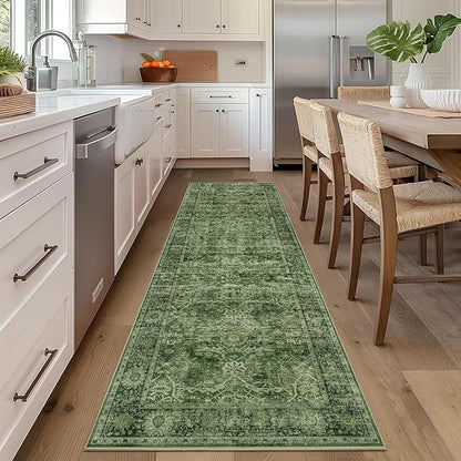 2x8 Runner Rug Green Vintage Washable Runner Rugs for Hallway Kitchen Low Pile Non-Slip Retro Distressed Accent Throw Carpet for Entryway Bathroom Bedroom Green