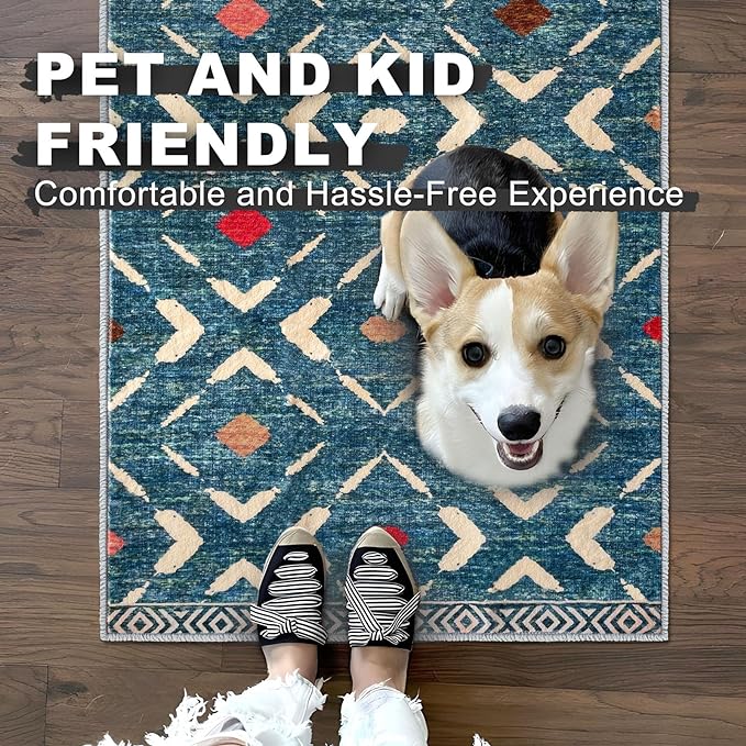 KILOCOCO Hallway Runner Rug 2.6'x12' Runners for Hallways Washable Runner Soft Non Slip Printed Geometric Low-Pile Rugs Runners for Bedroom Kitchen Living Room Boho Rugs, Teal/Blue