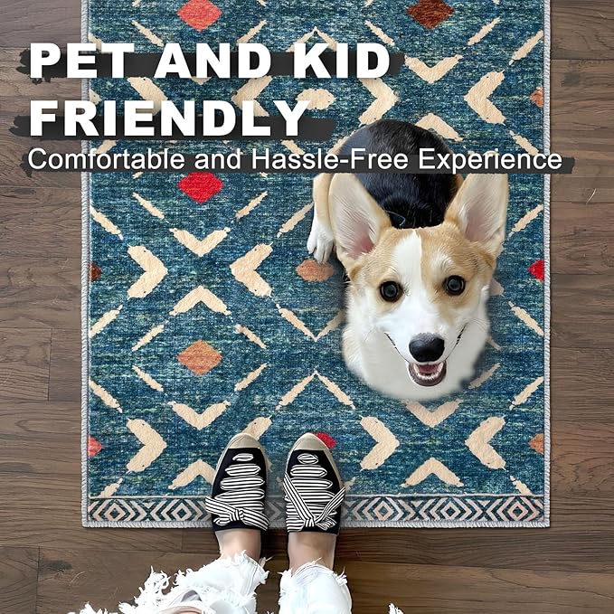 KILOCOCO Area Rug 3'x5' Rug for Entryway Washable Printed Bedroom Rugs Non Slip Boho Low-Pile Soft Rugs for Kitchen Dining Geometric Moroccan Carpet, Teal/Blue