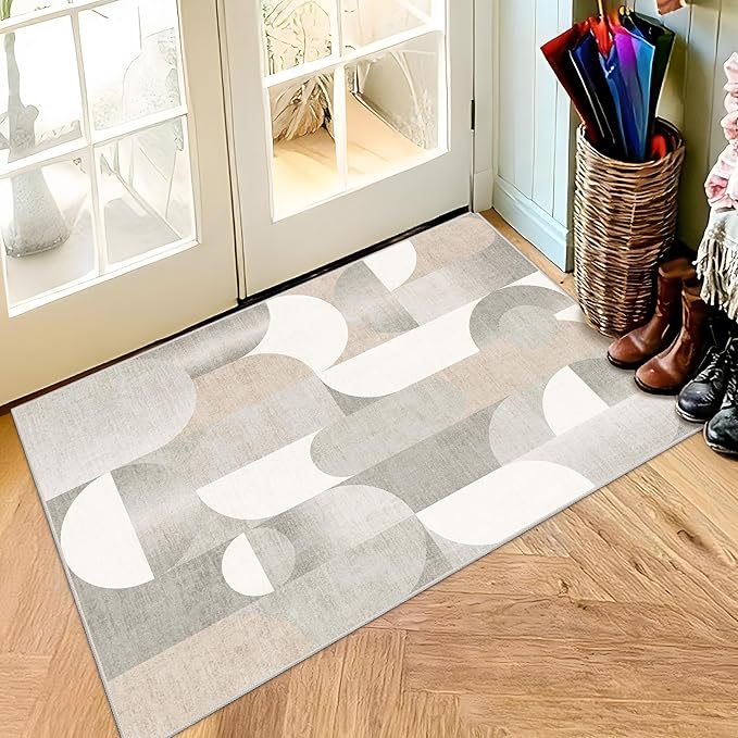 Small Rugs 2x3 Grey Rug for Entryway Bathroom Kitchen Entrance Doormat,Modern Geometric Accent Floor Throw Carpet Non Slip,Beige