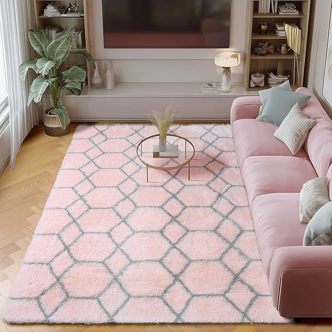 ONASAR Area Rugs for Bedroom Living Room, Washable 4x6 Fluffy Pink and Grey Throw Rug, Shaggy Geometric Soft Plush Floor Carpet for Nursery Girls Teen Playroom Dorm Home Decor Aesthetic