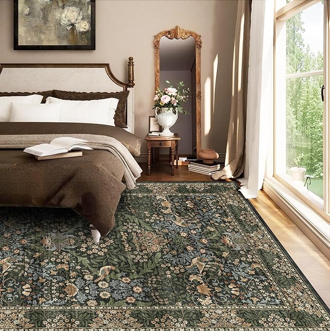 5x7 Floral Washable Area Rug for Living Room, Vintage Boho Rugs for Bedroom Dining Room, Botanical Birds Non Slip Low Pile Forest Throw Carpet for Farmhouse Office, Retro Gold/Green