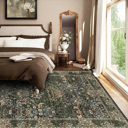 6x9 Floral Washable Area Rug for Living Room, Vintage Boho Rugs for Bedroom Dining Room, Botanical Birds Non Slip Low Pile Forest Throw Carpet for Farmhouse Office, Retro Gold/Green