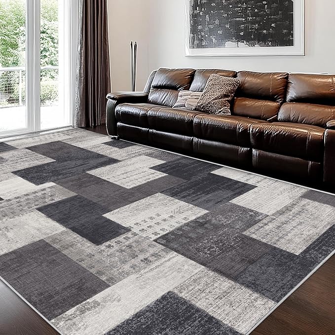 Modern Geometric Patchwork Indoor Area Rug for Living Room, Charcoal 4'x 6' Large Rug Rockwood Collection Hardwood Floors Decor for Bedroom, Grey Throw Carpet for Office Entryway Dining Room