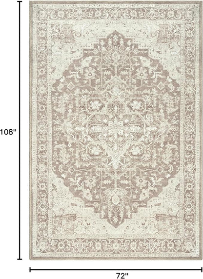 Bloom Rugs Washable Non-Slip 6' x 9' Rug - Light Brown Traditional Medallion Area Rug for Living Room, Bedroom, Dining Room, and Kitchen - Exact Size: 6' x 9'