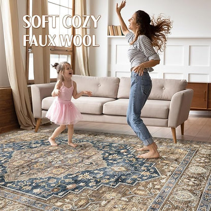 8x10 Area Rugs Living Room: Washable Boho Large Neutral Vintage Soft Rug Stain Resistant Farmhouse Non-Slip Indoor Floor Carpet for Bedroom Nursery Kids Office Dining Room Playroom- Yellow Blue