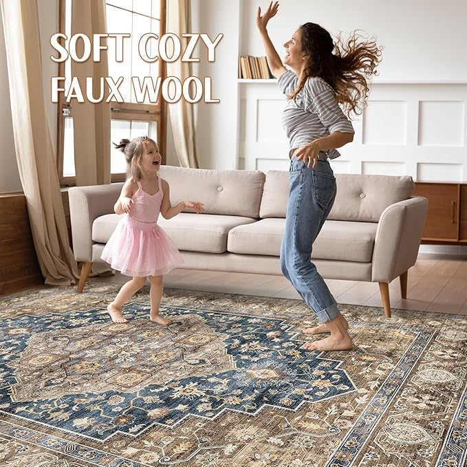 10x14 Area Rugs Living Room: Washable Boho Large Neutral Vintage Soft Rug Stain Resistant Farmhouse Non-Slip Indoor Floor Carpet for Bedroom Nursery Kids Office Dining Room Playroom- Yellow Blue