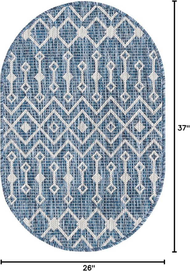 Unique Loom Outdoor Trellis Collection Area Rug - Tribal Trellis (2' 2" x 3' 1" Oval, Blue/ Ivory)