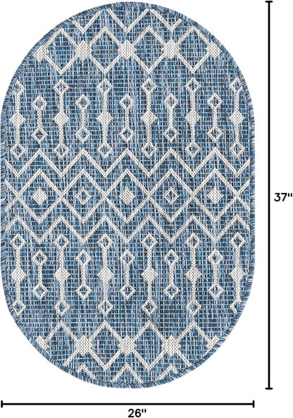 Unique Loom Outdoor Trellis Collection Area Rug - Tribal Trellis (2' 2" x 3' 1" Oval, Blue/ Ivory)