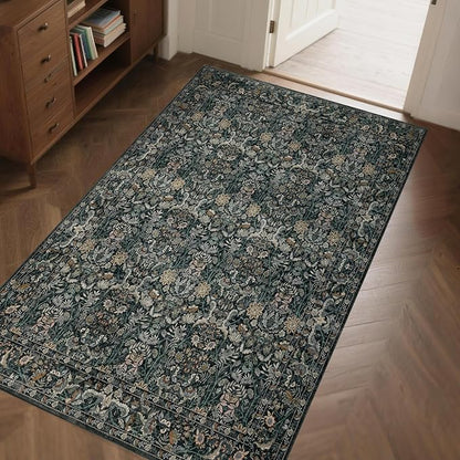 Washable Living Room Rug: 3x5 Boho Floral Soft Area Rug for Bedroom Decor - Vintage Low Pile Thin Carpet for Dining Room Non-Slip - Farmhouse Stain Resistant Rugs - Dark Green