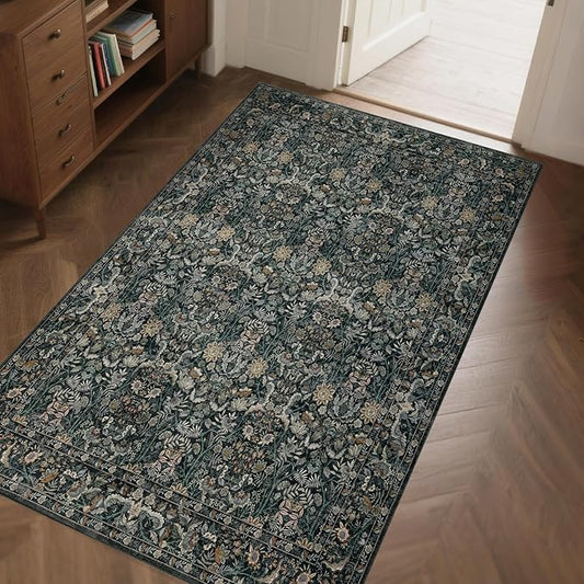 Washable Living Room Rug: 3x5 Boho Floral Soft Area Rug for Bedroom Decor - Vintage Low Pile Thin Carpet for Dining Room Non-Slip - Farmhouse Stain Resistant Rugs - Dark Green