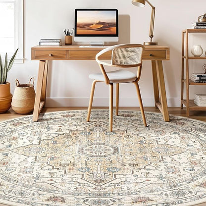 Round Rug Living Room Rugs: 8Ft Washable Boho Neutral Large Circle Soft Indoor Floral Stain Resistant Floor Farmhouse Carpet for Bedroom Nursery Kids Playroom Office Dining Room Dorm Home- Cream Blue