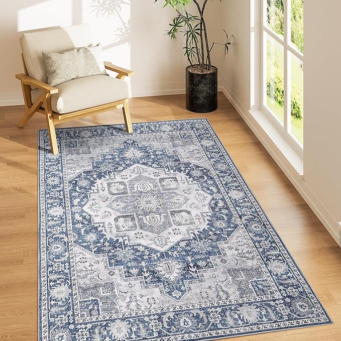 DUKINO 3x5 Rugs for Living Room, Soft Non-Slip Washable Area Rugs, Faux Wool Bedroom Rug with Non-Shedding, Indoor Low-Pile Boho Rugs for Dining Room, Home Office, Blue